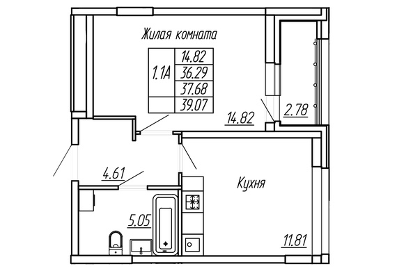 1-комнатная 37,68 м2