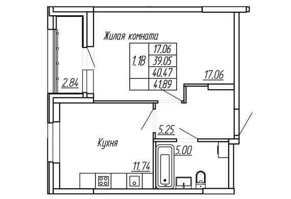 1-комнатная 40,47 м2