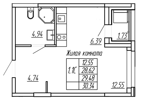 1-комнатная 29,48 м2