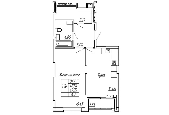 1-комнатная 49,78 м2