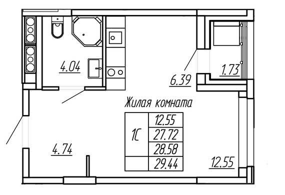 1-комнатная 28,58 м2