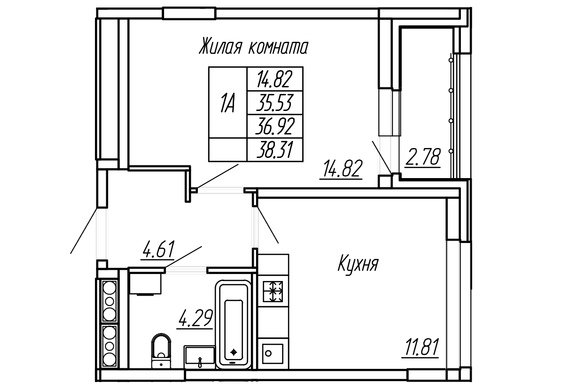 1-комнатная 36,92 м2