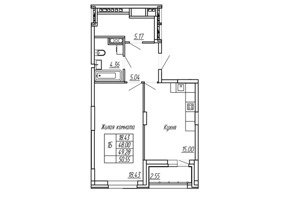 1-комнатная 49,28 м2