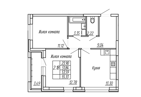 2-комнатная 53,59 м2