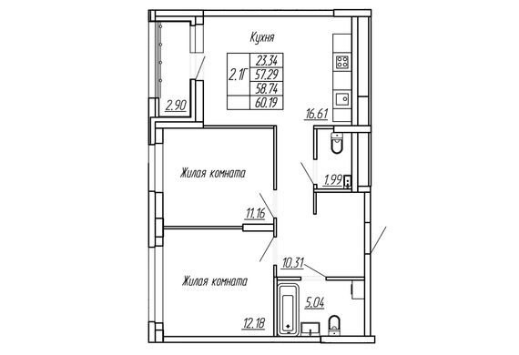 2-комнатная 58,74 м2