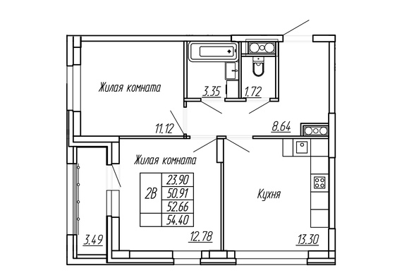 2-комнатная 52,66 м2