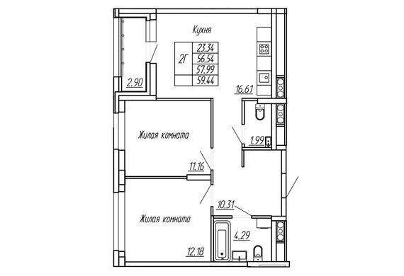 2-комнатная 57,99 м2