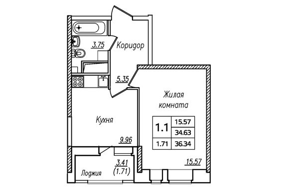 1-комнатная 36,4 кв.м
