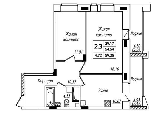 2-комнатная 59,26 кв.м