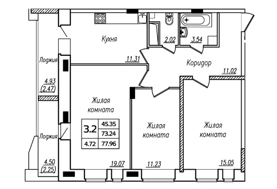 3-комнатная 77,96 кв.м