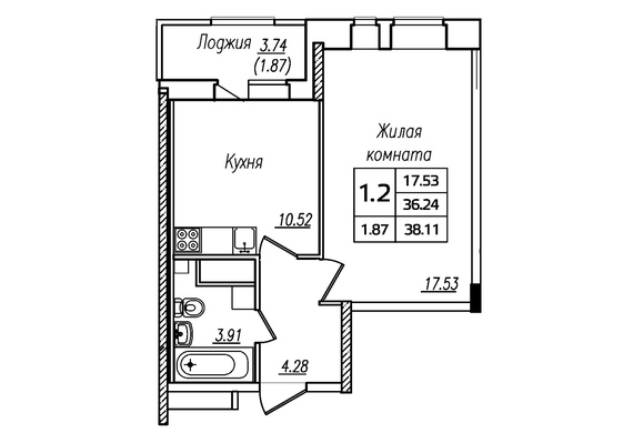 1-комнатная 38,11 кв.м.