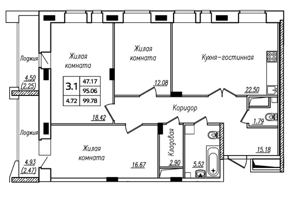 3-комнатная 99,78 кв.м.